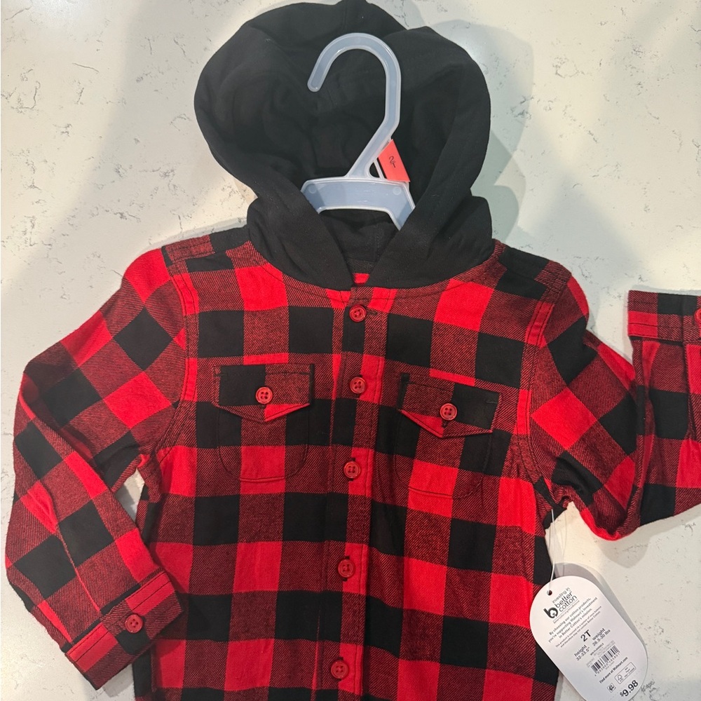 Red and Black Plaid Hooded Shirt- boy 2T